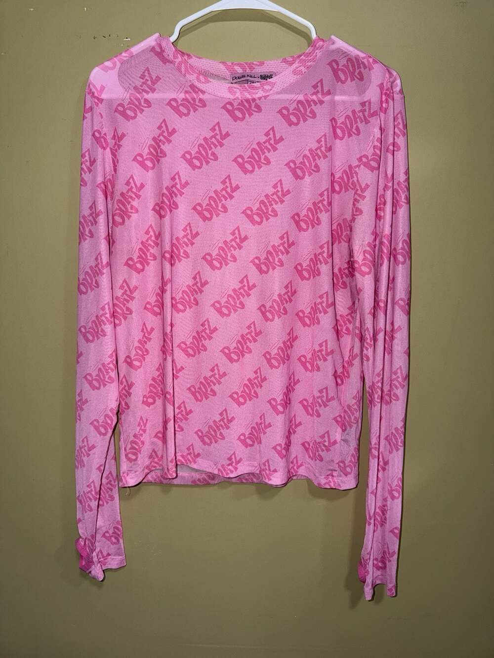 Dolls Kill x Bratz Logo Print Mesh Long Sleeve Tee - Pastel Pink